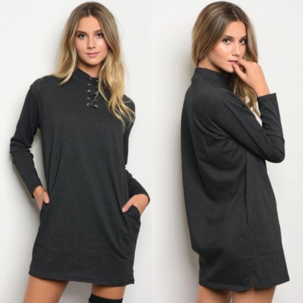 Charcoal Lace Up French Terry Pocket Tunic Sweatshirt Dress M NWT
